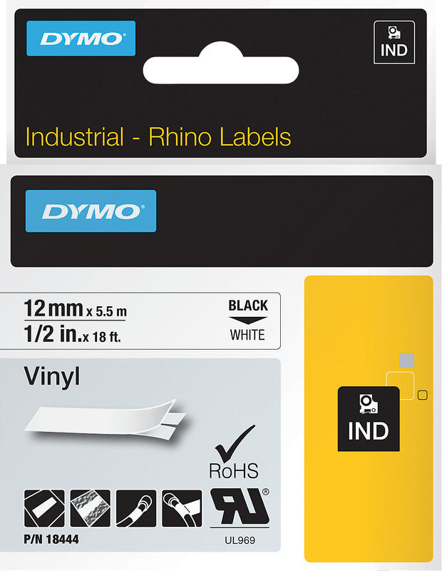 DYMO Schriftband – 12 mm × 5,5 m, weiss, schwarz – für DYMO Rhino: 3000, 4200, 5000 und weitere