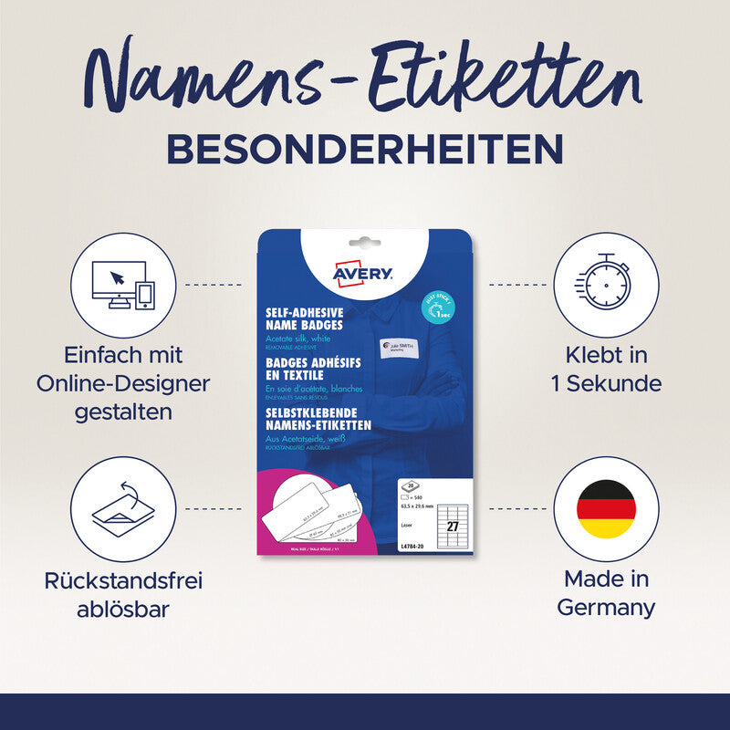 Avery Namens-Etiketten, 64 mm × 30 mm, weiss, Textil, selbstklebend, 540 Etiketten