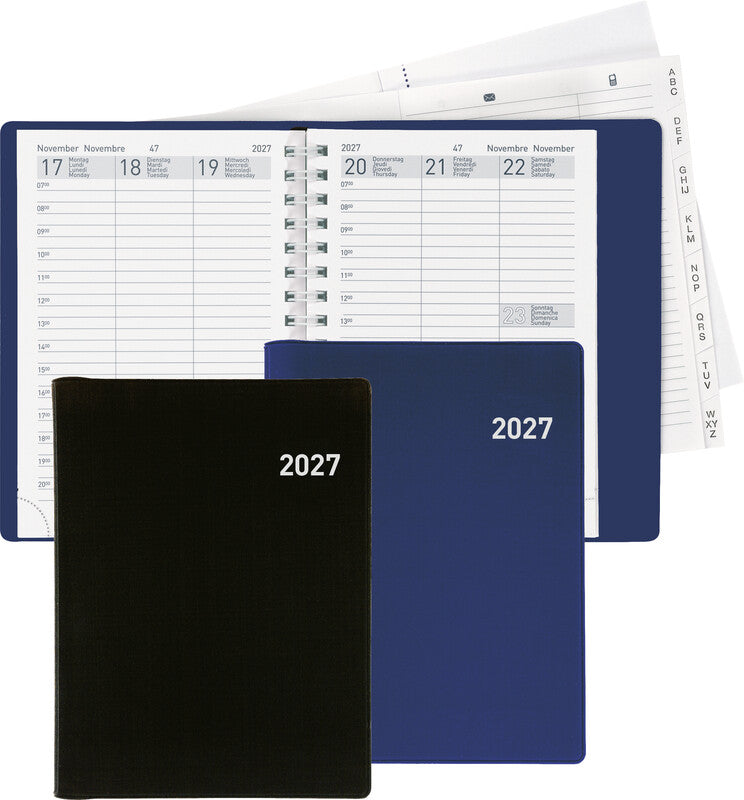Biella Rex Agenda – 1 Woche/2 Seiten, Spiralbindung, 10,1 × 14,2 cm, 2026, mehrsprachig, schwarz, FSC