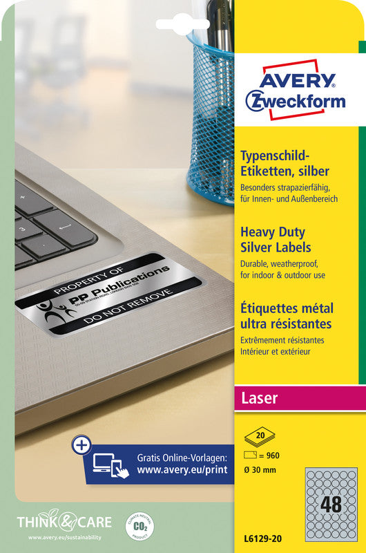 Avery Druckeretiketten, Ø 30 mm (A4), silber, Folie, permanent, 960 Etiketten (20 Blatt)