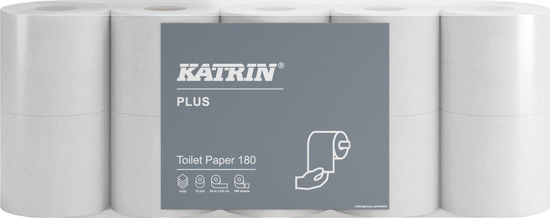 Katrin Plus Toilettenpapier – Zellstoff, 4-lagig, weiss, 180 Blatt/Rolle, 133 × 98 mm – 10 Rollen