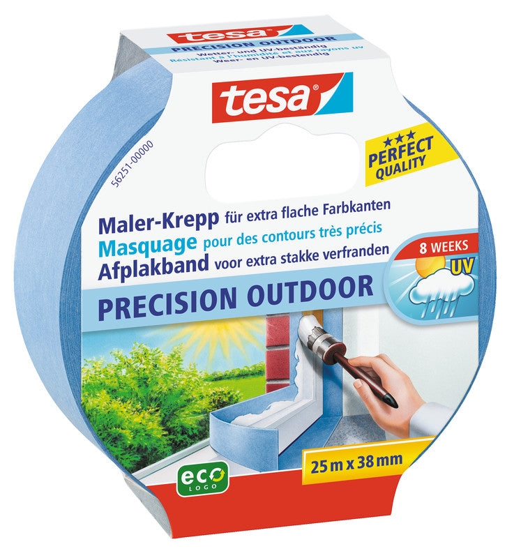 tesa Abdeckband Precision Outdoor – 38 mm × 25 m, hellblau, für Aussenbereich, glatt