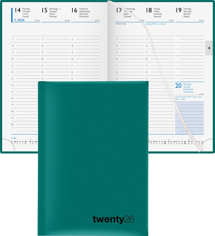 Biella Colorful 7 Agenda – 1 Woche/2 Seiten, gebunden, 14,5 × 20,5 cm, 2026, Petrol, FSC