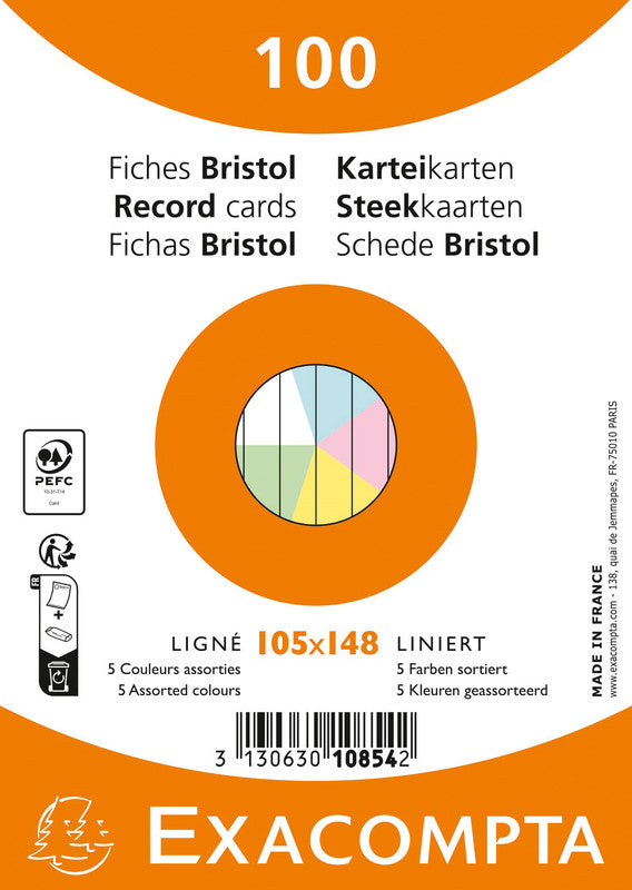Exacompta Karteikarte A6 quer, liniert, mehrfarbig, 205 g/m², Karteikarton – 100 Stück