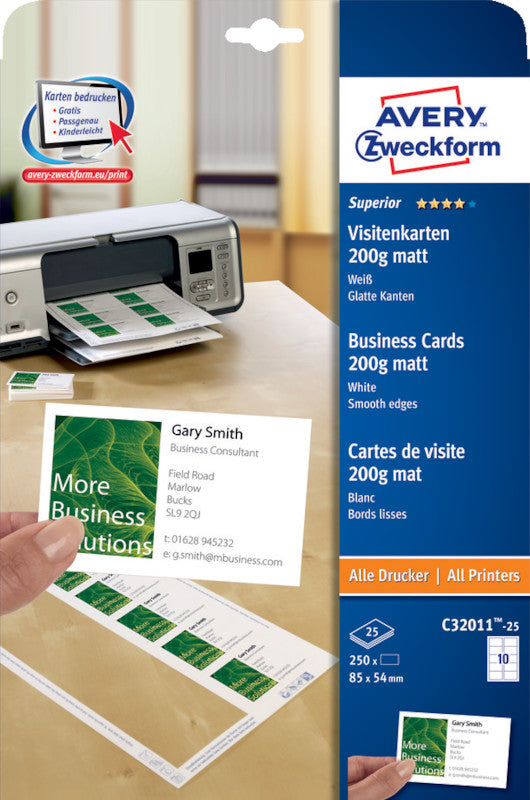 Avery Visitenkarten, 85 × 54 mm – für Laser/Inkjet/Kopierer – A4, 10 pro Blatt – 100 Karten – FSC-zertifiziert