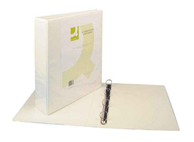 Q-connect Zeigebuch – A4 Hochformat – 4-Ring Bügelmechanik, Ø 20 mm, Rücken 38 mm – Weiss, mit Sichttasche