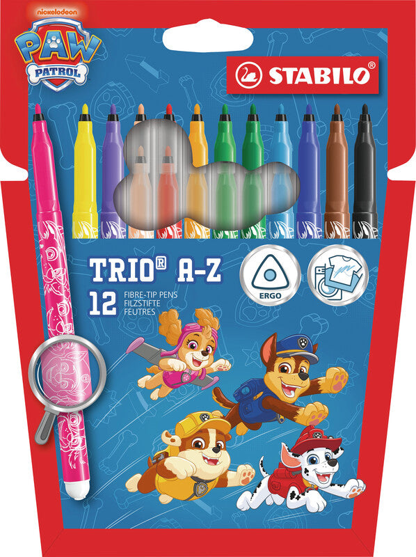 STABILO Trio A-Z Filzstifte, Paw Patrol – Rundspitze, 0,7 mm, wasserbasiert, 12 Farben