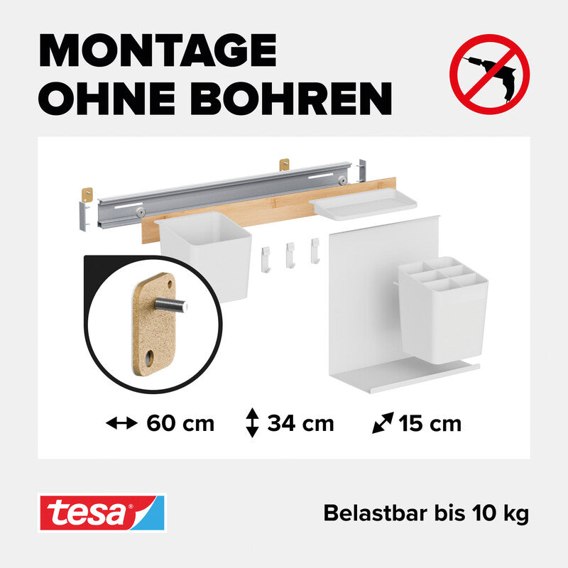 TESA Küchenorganizer Kombi-Set M – für Küchenreling – mit Zierblende Weiss & Bambus – 60 × 34 × 15 cm