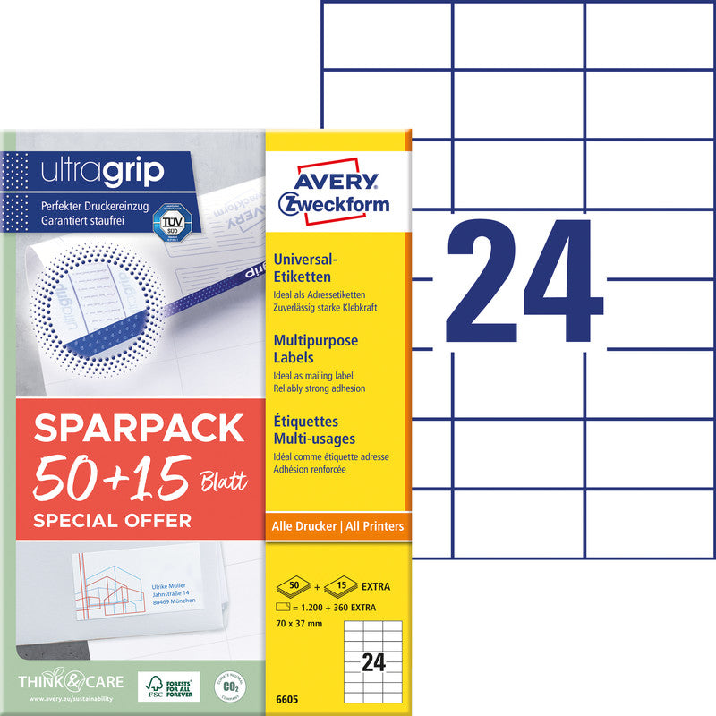 Avery Etiketten, 70 mm × 37 mm, weiss, Papier, permanent, 65 Blatt (1560 Etiketten)