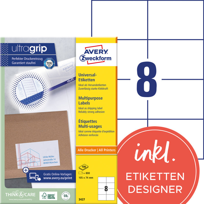 Avery Druckeretiketten, 105 mm × 74 mm, weiss, Papier, permanent, 800 Etiketten (100 Blatt)