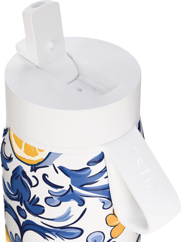 Estia Pulse Isolierflasche 500 ml – Doppelwandig 12 h Heiss/24 h Kalt, Edelstahl, mit Strohhalm, Amalfi Coast