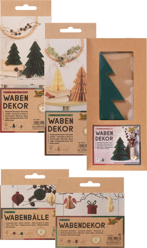 Folia Wabendekor Bälle, Papier, sortiert, Ø 7–8,5 cm, 3er-Set – Weihnachten – FSC, eco:plus