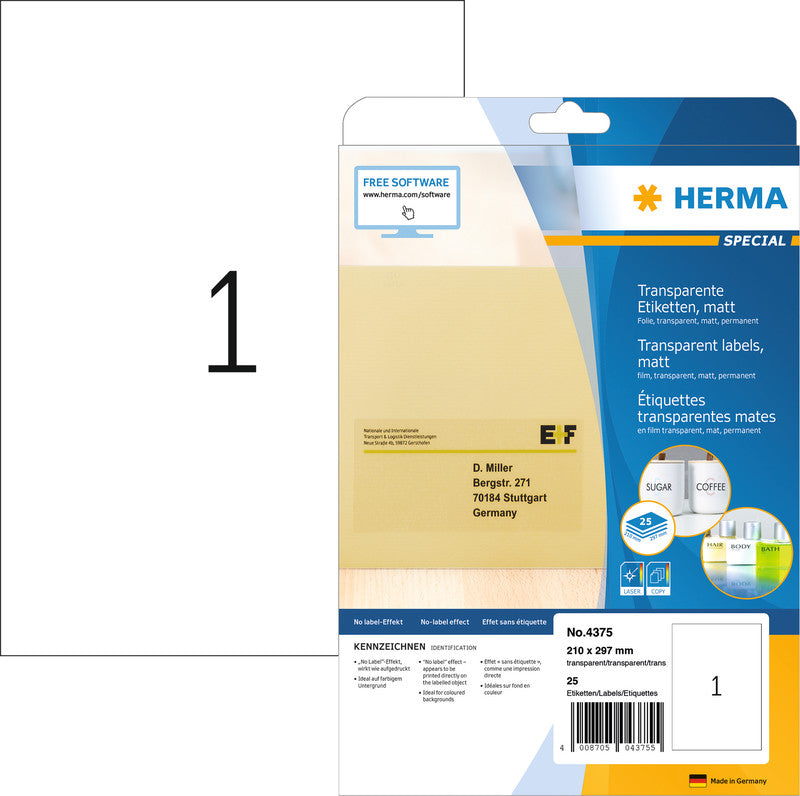HERMA Drucketiketten, 99 mm × 38 mm, transparent, Folie, permanent, 25 Blätter (350 Etiketten)