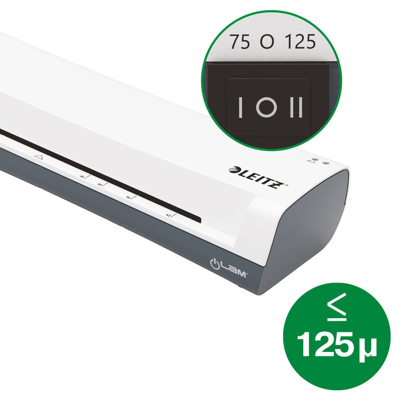 Leitz iLAM Home Laminiergerät A3 – 2-Rollen, 75–125 µm, Aufheizzeit 3 Min., 300 mm/min, Weiss