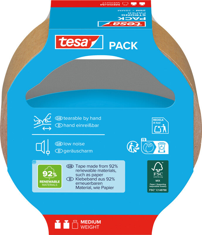 tesa Papier-Verpackungsband – 38 mm × 25 m, braun, stark, eco:plus