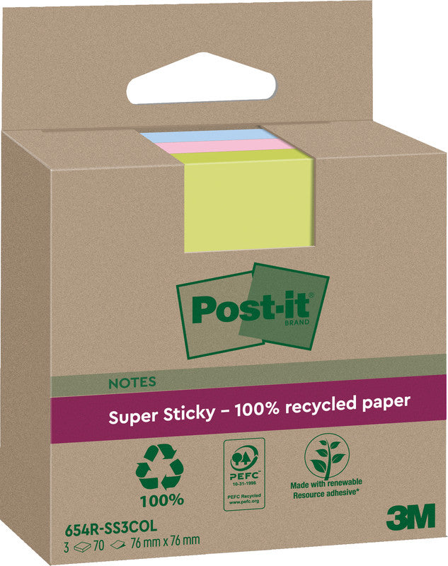 Post-it Haftnotizen Super Sticky – 76×76 mm – sortiert, 3×70 Blatt, PEFC