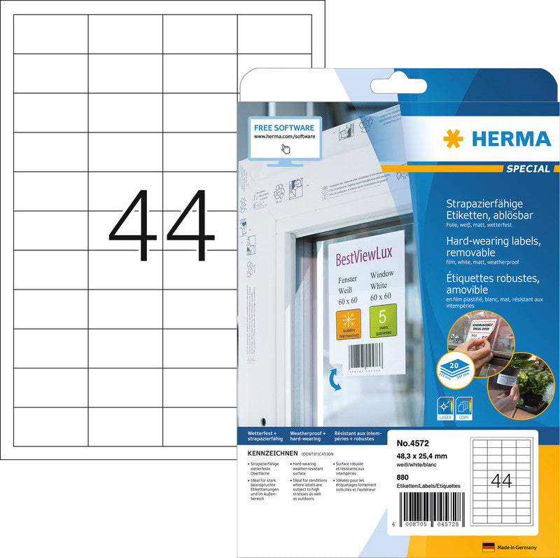 HERMA Drucketiketten, 105 mm × 148 mm, weiss, Folie, extra stark, 20 Blatt (80 Etiketten)