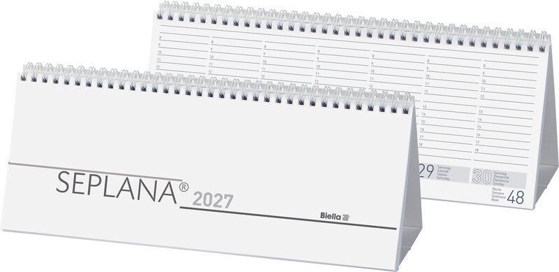 Biella Seplana Wochenplaner – 1 Woche/2 Seiten, Spiralbindung, 29,8 × 11,7 cm, Jan–Dez 2026, mit Ständer, FSC