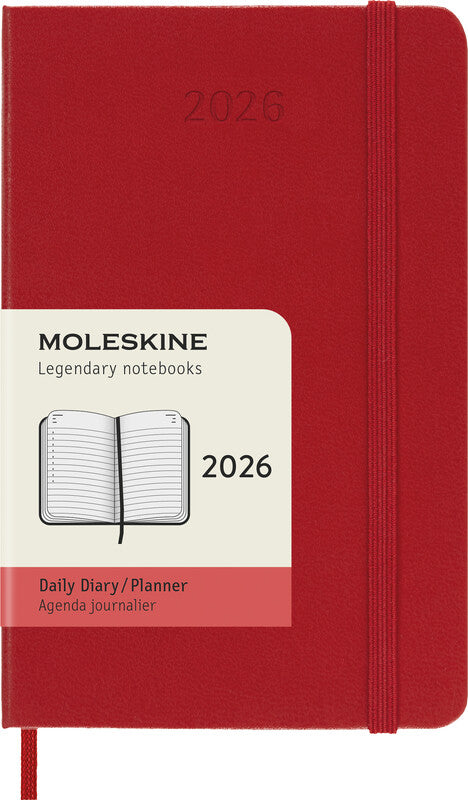 Moleskine Agenda – 1 Tag pro Seite, gebunden, 9 × 14 cm, 2026, 1-Stunden-Takt, Englisch, Scharlachrot, FSC