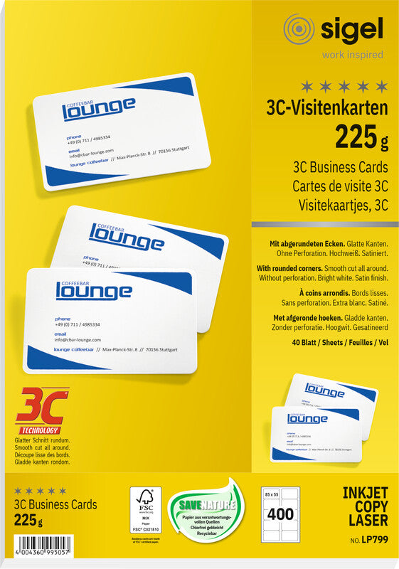 Sigel Visitenkarten, 85 × 55 mm – A4, 10 pro Blatt – 400 Karten – FSC-zertifiziert, abgerundete Ecken