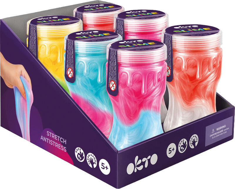 Okto sensory art Slime Maxi Shine Fidget/Stressball – H 14,5 × Ø 6,5 cm – 400 ml – ab 3 Jahren – mehrfarbig