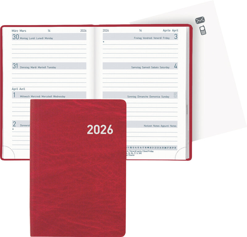 Biella Taschenagenda – 1 Woche/2 Seiten, gebunden, 7,6 × 11,0 cm, 2026, mehrsprachig, rot, FSC