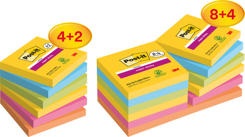 Post-it Haftnotizen Super Sticky – 76×76 mm – sortiert, 12×90 Blatt, PEFC