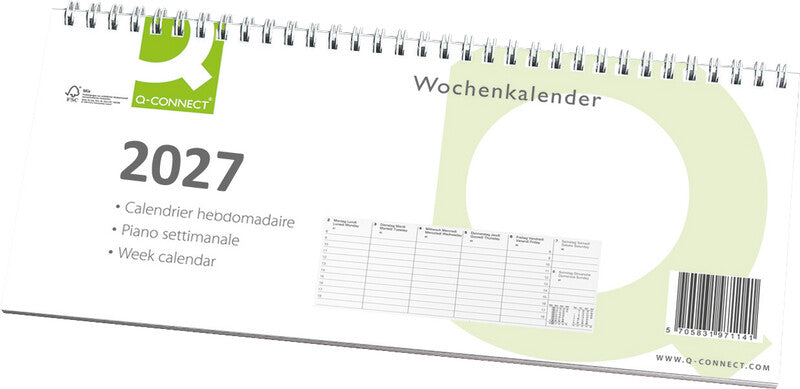 Q-connect Wochenplaner – 1 Woche/1 Seite, Spiralbindung, 28,5 × 12 cm, Jan–Dez 2026, mehrsprachig, weiss, FSC