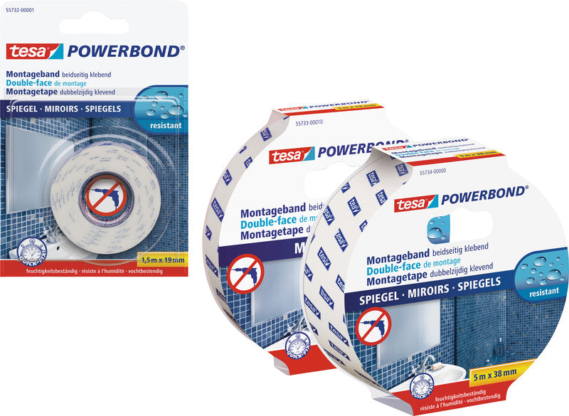 Tesa Montageband Powerbond, extra stark, für Spiegel – 19 mm × 1,5 m, weiss, bis 5 kg/10 cm