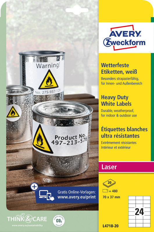 Avery Zweckform – Druckeretiketten, 70 mm × 37 mm, weiss, Folie, extra stark, 480 Etiketten (20 Blatt)