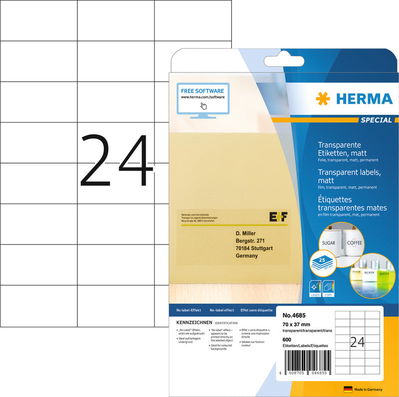 HERMA Schuletiketten – 70 × 37 mm, 600 Stk, Folie, Transparent, Permanent haftend