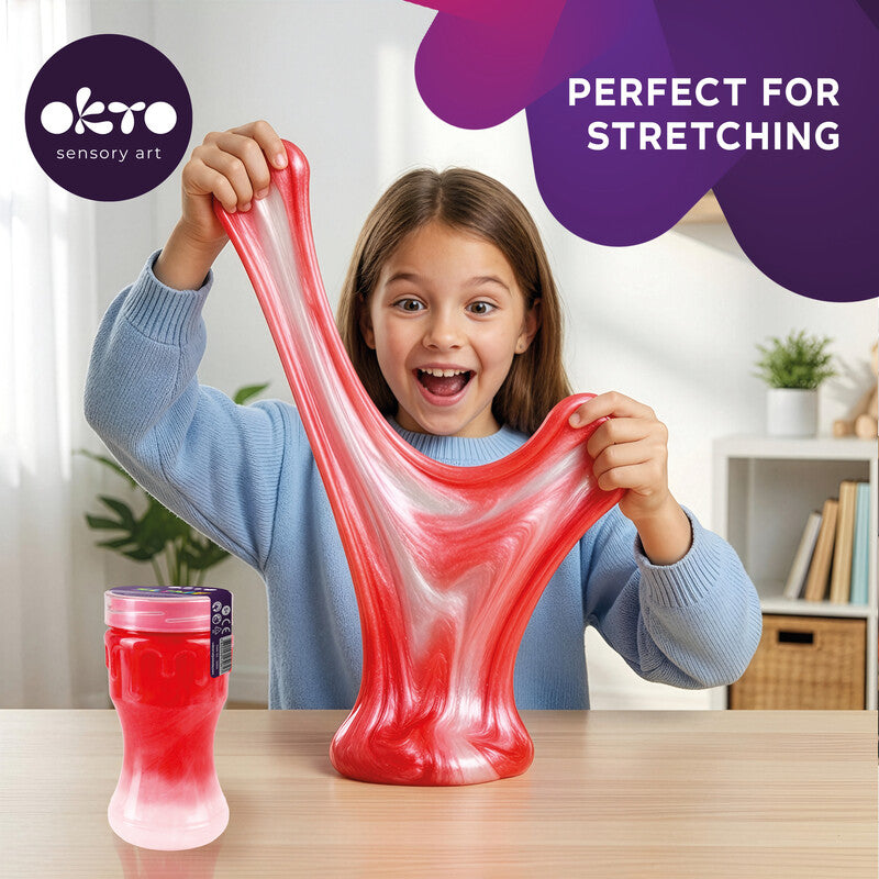 Okto sensory art Slime Maxi Shine Fidget/Stressball – H 14,5 × Ø 6,5 cm – 400 ml – ab 3 Jahren – mehrfarbig