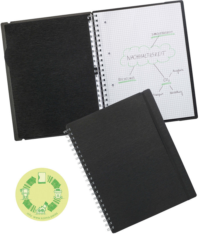 Kolma Notizbuch, Spiralbindung, Softcover, 200 Seiten, 4-fach gelocht, perforiert, 70 g/m² – Schwarz