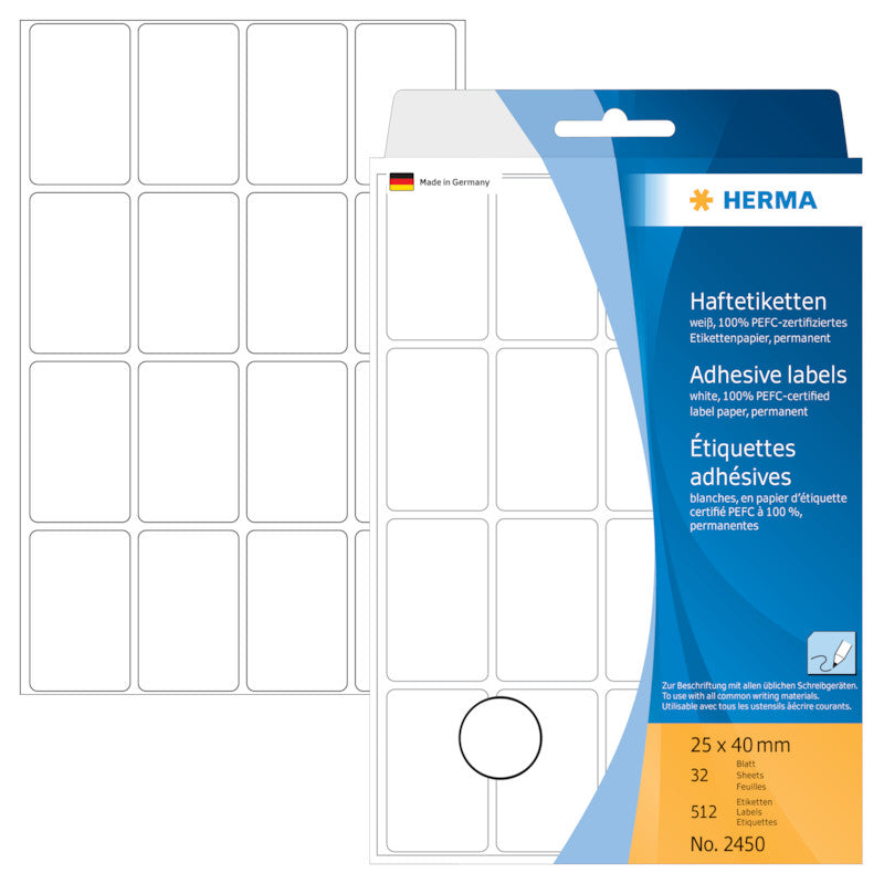 HERMA Schuletiketten – 25×40 mm, Abgerundete Ecken, 512 Stk, 32 Bogen, Papier