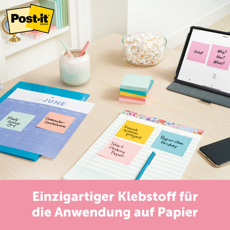 Post-it Super Sticky Haftnotizen – 76×76 mm – sortiert (türkis, neongrün, guavapink), 6×90 Blatt, PEFC