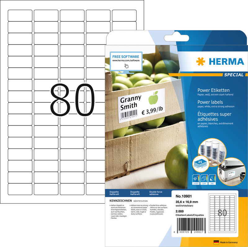 HERMA Druckeretiketten, 36 mm × 17 mm, weiss, Papier, extra stark, 25 Blatt