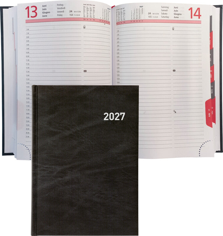 Biella Registra Plus Agenda – 1 Tag pro Seite, gebunden, 14,5 × 20,5 cm, 2027, 1/2-Stunden-Takt, schwarz, FSC