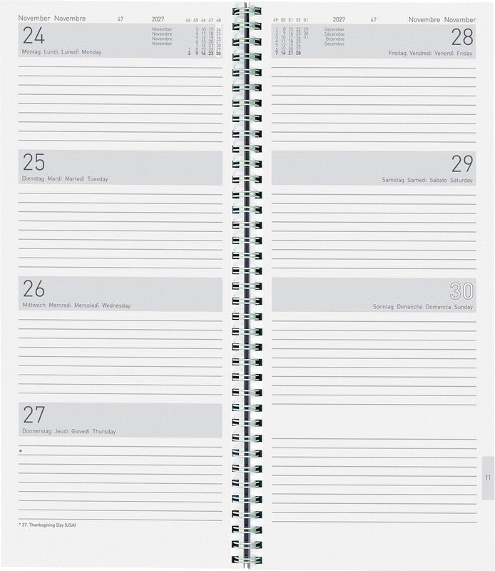 Biella Langformat Twist Agenda – 1 Woche/2 Seiten, Spiralbindung, 13,5 × 31,5 cm, 2027, Dunkelblau, FSC