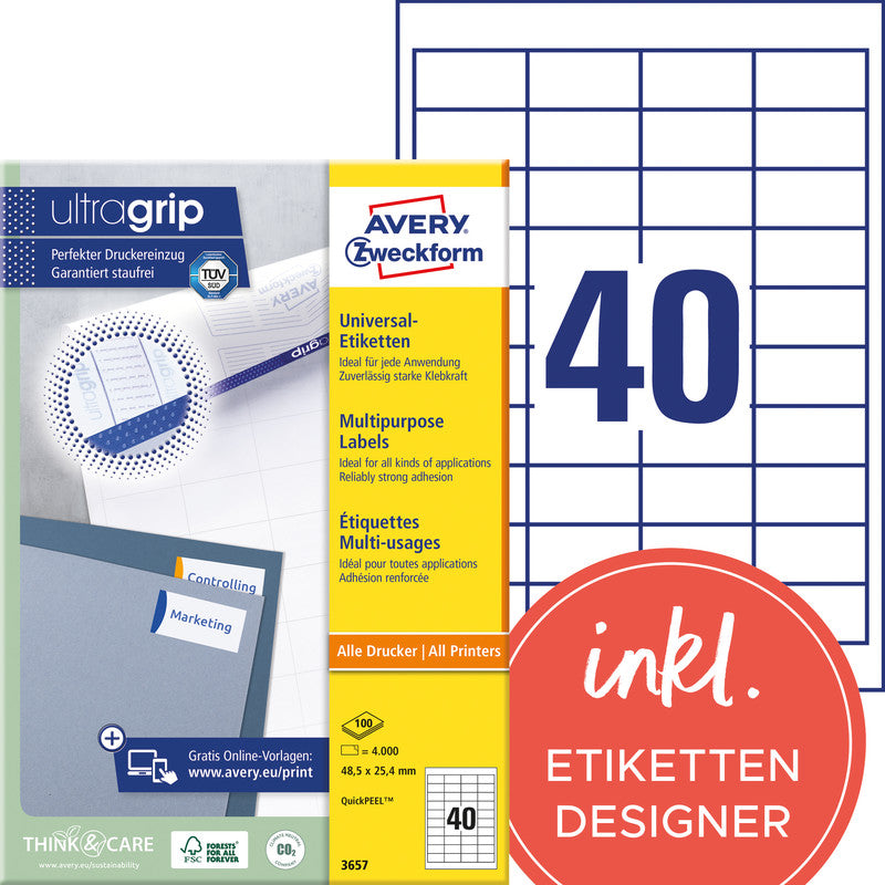 Avery Druckeretiketten, 49 mm × 25 mm, weiss, Papier, permanent, 100 Blatt