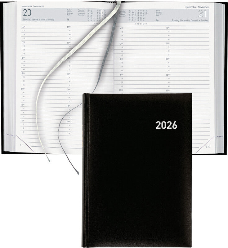 Biella Agenda – 1 Tag pro Seite, gebunden, 14,5 × 20,5 cm, 2026, mehrsprachig, 1/4-Stunden-Takt, schwarz, FSC