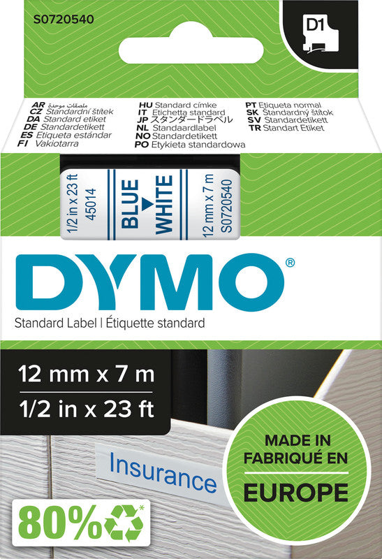 DYMO Schriftband – 12 mm × 7 m, weiss, blau – für LabelPoint 200, 250, 300 und andere