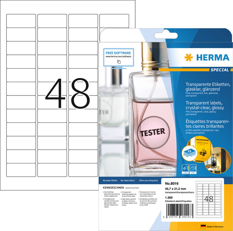 HERMA Drucketiketten, 64 mm × 38 mm, transparent, Folie, permanent, 25 Blatt (525 Etiketten)
