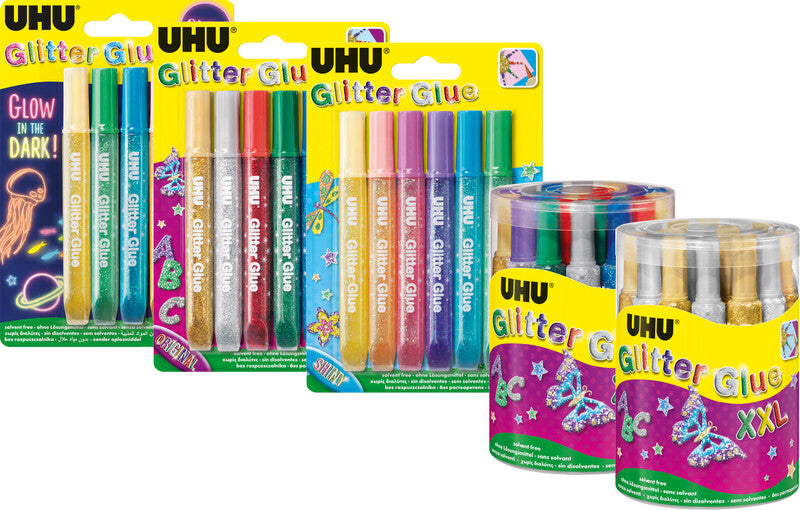 UHU Glitzerkleber – farbig sortiert – Set 24 × 20 ml – auswaschbar, lösungsmittelfrei – zum Basteln