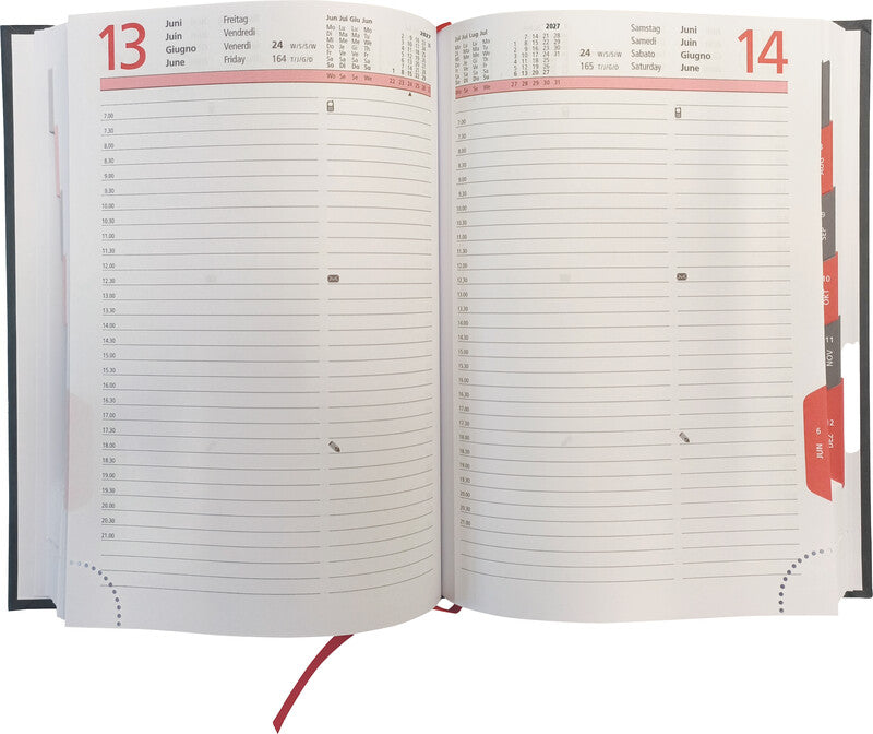 Biella Registra Plus Agenda – 1 Tag pro Seite, gebunden, 14,5 × 20,5 cm, 2027, 1/2-Stunden-Takt, schwarz, FSC