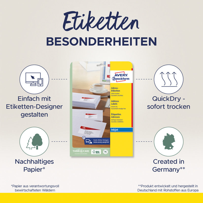 Avery Adress-Etiketten, 64 mm × 38 mm, weiss, Papier, permanent, 25 Blatt (525 Etiketten)