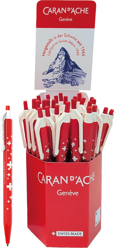 Caran d-Ache Caran d'Ache 825 bedruckter Kugelschreiber – Blau, Spitze 1 mm, Druckmechanik, Kunststoff, Schaft Rot/Weiss