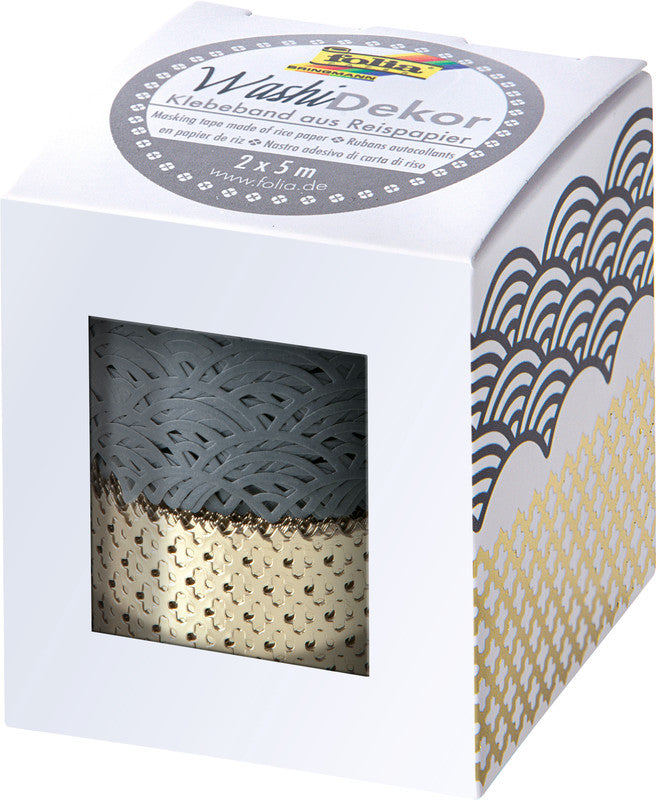 Folia Washi Tape Spitzenbordüre – wiederablösbar, Hotfoil, Papier, 25 mm × 5 m, Grau/Gold, 2 Rollen