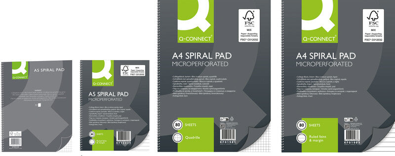 Q-connect Collegeblock A4, liniert, Spiralbindung, Karton, 80 Blatt, 4-fach gelocht, perforiert – grau