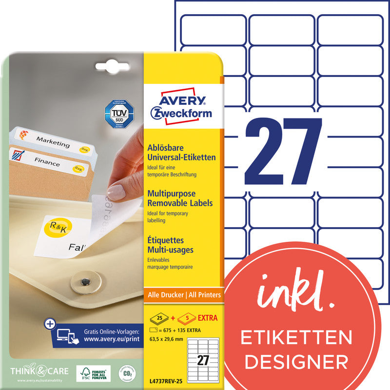 Avery Etiketten auf Bogen, 64 mm × 30 mm, weiss, Papier, wiederablösbar, 810 Etiketten (30 Blatt)