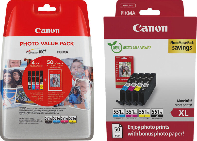 Canon Tintenpatronen-Multipack CLI-551XL Photo Cube, 4er-Pack, mit Fotopapier (50 Blatt) – für Inkjetdrucker